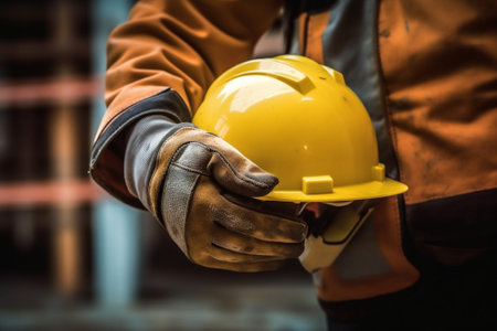 Generative AI : Hands engineer worker holding yellow safety helmet with building on site backgroundの素材