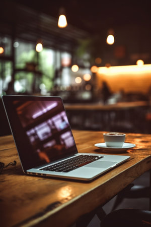 Generative AI : Man is typing and using laptop on wooden table in coffee shopの素材