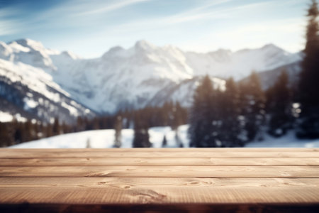 Generative AI : Empty Wooden board top table in front of blurred snow mountain view background Perspective wood in blurred winter landscape background for photo montage product disの素材