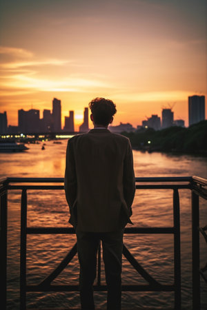 Generative AI : Depressed asian man is hands on head and sitting on the rooftop of the building on the bangkok cityscape at the sunset time look like silhouette dramatic concept Haの素材