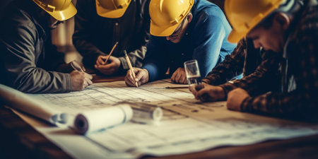 Generative AI : Engineer group and worker meeting discussion with construction blueprint on site workplaceの素材