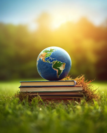 Generative AI : Opened book with earth in the air with green background Elements of this image furnished by NASAの素材