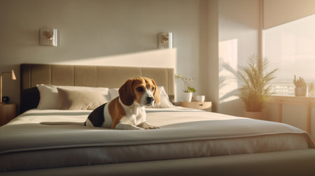 Generative AI : Little dog on the bed at bedroom in morning with copyspace on left Tiny pet conceptの素材