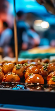 Generative AI : Dim sum on stick ready to eat in street food market in bangkok thailand Tasty but dirty dumplingの素材