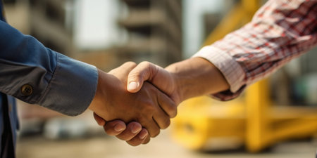 Generative AI : Handsome construction worker man are shaking hands with asian construction worker man on construction site Negotiating business People Connection Deal Conceptの素材