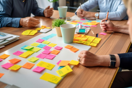 Generative AI : Multiethnic creative team working together meeting and brainstorming on table in workplace Startup diversity teamwork brainstorming meeting with post it notes on deの素材