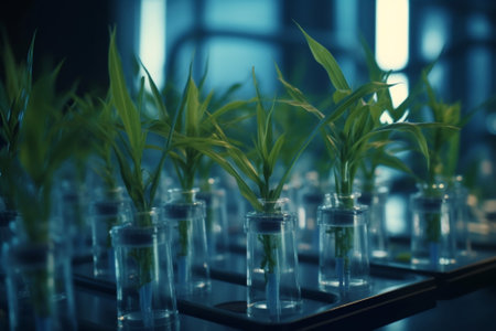 Generative AI : Orchids tissue culture seedlings in glasses jars in laboratory room Smart farm agriculture industry and biotechnology concept Growing seeds or sprouts plant by germの素材
