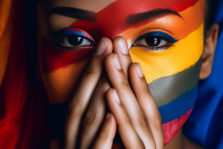 Generative AI : Portrait young teen queer transgender asia people look at camera under colorful stripes flag Closeup eye face cry sad hiding true self identity in gay LGBT LGBTQIAの素材