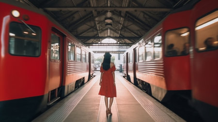 Generative AI : Cute asian traveler woman pointing at the train Traveling summer conceptの素材