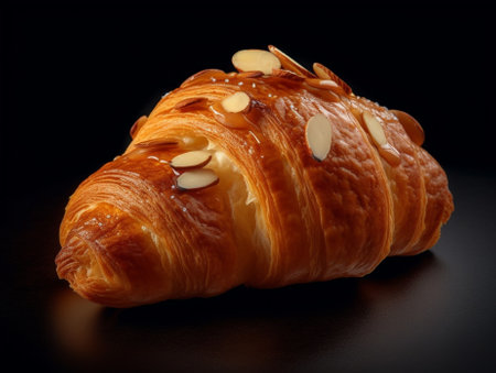 Generative AI : Croissant almond with wooden backgroundの素材