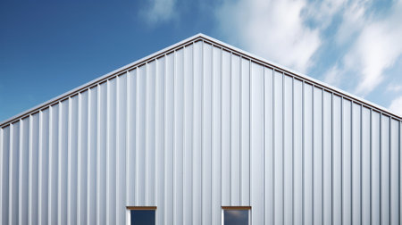 Generative AI : Side of factory with metal sheet wall against a cloudy blue skyの素材