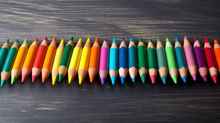 Generative AI : Colorful wax crayon colors sort in wave line with flat wooden backgroundHave copy space for add text or object on topの素材