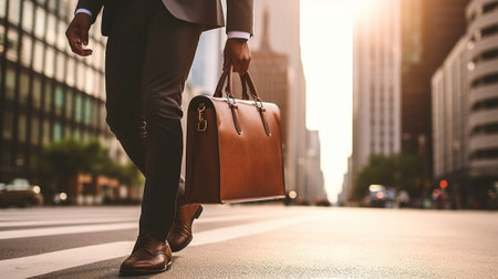 Generative AI : Hands businessman carry a brief case men bag on the way to the officeの素材
