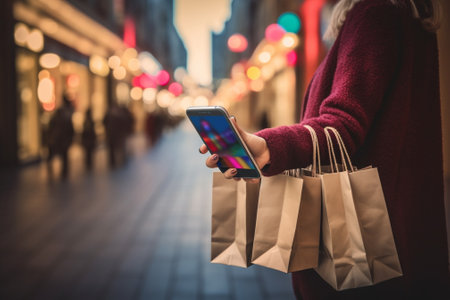Generative AI : Hands woman carry white shopping bag and holding a smart phone when she go to shoppingの素材