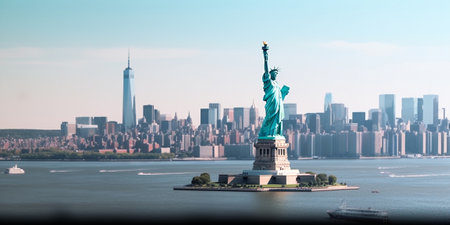 Generative AI : The Statue of Liberty with the One world Trade building center over hudson river and New York cityscape background Landmarks of lower manhattan New York cityの素材