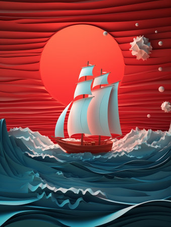 Generative AI : Red paper boat on blue sea and the moon on night sky with paper art styleの素材