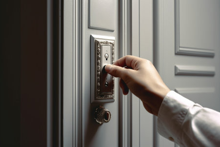 Generative AI : Mans hand pressing a doorbell button with sunlight Close up hand and finger visiter ringing buzzer doorbell Guest press bell behind front door homeの素材