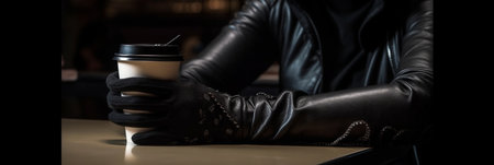 Generative AI : Workaholic hand typing keyboard in dark late night with computer screen light clock coffee cup and stuff on desk table with noir working in workplace or hacker cybeの素材