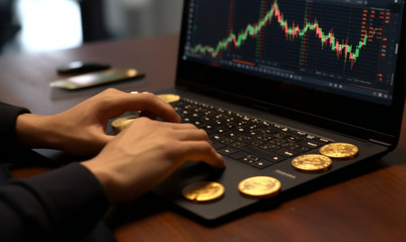 Generative AI : Hand reach out golden bitcoins cryptocurrency easy mining software earn real money from laptop screen Digital international network payment system block chain Invesの素材