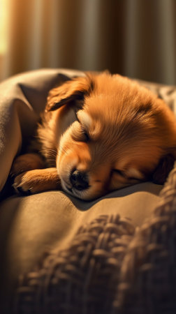 Generative AI : Small cute sleepy chihuahua dog is sleeping or napping on bed in bedroom in morning with light form window Tried puppy sleep rest and relax on comfortable cozy in lの素材