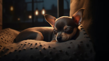 Generative AI : Small cute sleepy chihuahua dog is sleeping or napping on bed in bedroom in morning with light form window Tried puppy sleep rest and relax on comfortable cozy in lの素材