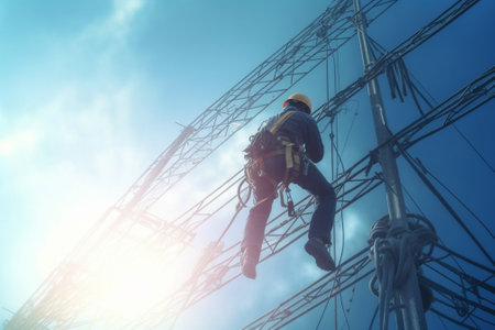 Generative AI : Worker climbing on transmission line tower Unsafety conditionの素材