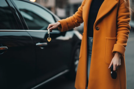 Generative AI : Womans hand open the car with car remote key at car parkの素材