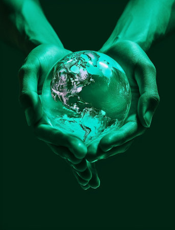 Generative AI : Mans hand is holding water element and mans hand is holding the earth with green natural background Earth image provided by NASAの素材