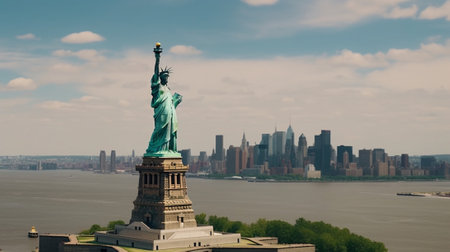 Generative AI : The Statue of Liberty with the One world Trade building center over hudson river and New York cityscape background Landmarks of lower manhattan New York city Architの素材