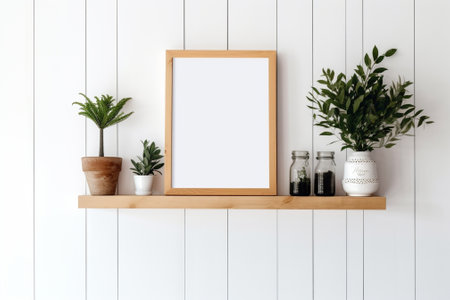 Generative AI : Plants on wooden wall shelf with white brick wall backgroundの素材