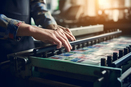 Generative AI : Womans hand press button on panel of printer at officeの素材