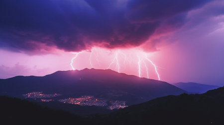 Generative AI : Lightning storm over mountain Thunderstorm in dramatic nightの素材