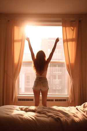 Generative AI : Woman stretching in bed after wake up back viewの素材