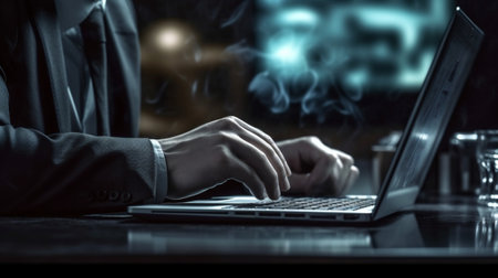 Generative AI : Workaholic hand typing keyboard in dark late night with computer screen light clock coffee cup and stuff on desk table with noir working in workplace or hacker cybeの素材