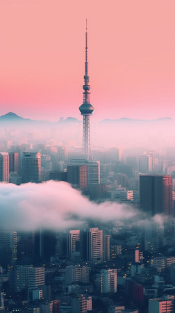 Generative AI : TOKYO JAPAN October 312019 Tokyo city skyline view and red tower building at Japan with sunset and colorful sky Beautiful of cloud and sky in dusk and twilightの素材