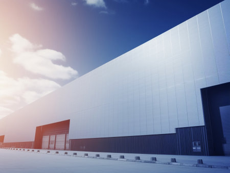 Generative AI : Side of factory with metal sheet wall against a cloudy blue skyの素材