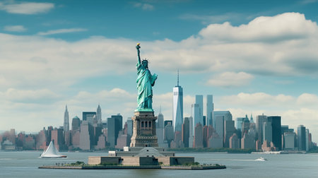 Generative AI : The Statue of Liberty with the One world Trade building center over hudson river and New York cityscape background Landmarks of lower manhattan New York city Architの素材