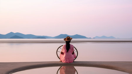 Generative AI : Asia people woman enjoy sit calm day dream on cozy chair at river pier hand behind head Wide view of cloud dawn dusk sky solo budget staycation getaway at glampingの素材