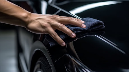 Generative AI : A mans hand wipe the car with microfiber cloth Cleaning the car Wipe off waterの素材