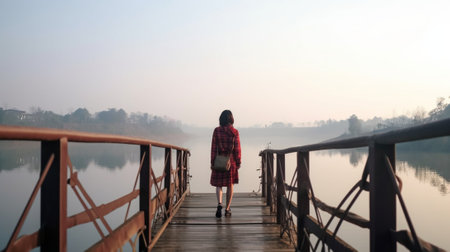 Generative AI : Asia people woman enjoy sit calm day dream on cozy chair at river pier hand behind head Wide view of cloud dawn dusk sky solo budget staycation getaway at glampingの素材
