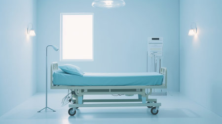 Generative AI : Blur abstract background of empty examination couch Blurry view hospital beds in room for patients or use to cureの素材