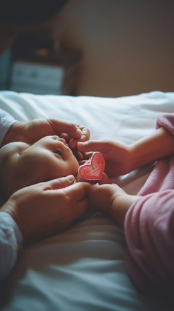 Generative AI : Asian mothers hand holding newborn baby fingers with love and care Relationship bonding mom and child concept Infant laying on white blanket bed looking at his pareの素材