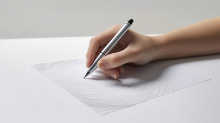 Generative AI : Close up Hand of creative business woman pointing by pen to goal on table desk Meeting Planning and brastroming for project or start up new business conceptの素材