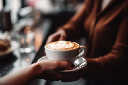 Generative AI : Hands woman hold coffee cup on the table at coffee shop cafeの素材
