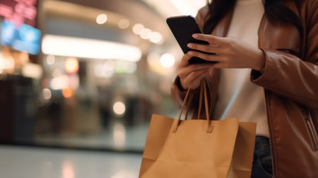 Generative AI : Hands woman carry white shopping bag and holding a smart phone when she go to shoppingの素材