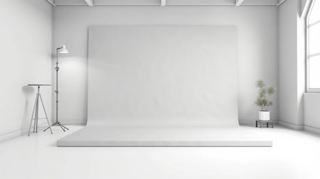 Generative AI : Grey stock wall and white wood floor for backgroundBackdrop Screenの素材