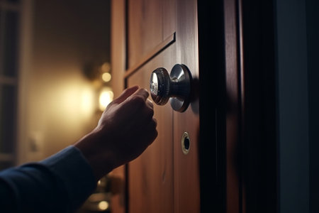 Generative AI : Mans hand pressing a doorbell button with sunlight Close up hand and finger visiter ringing buzzer doorbell Guest press bell behind front door homeの素材