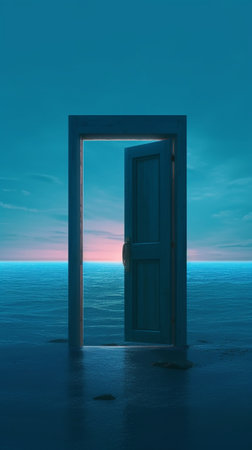 Generative AI : Spotlight on the wall and open white door Have the sea and sky behind the doorの素材