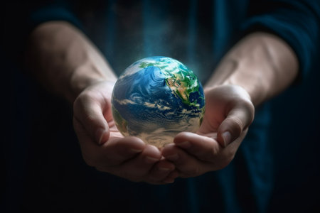 Generative AI : Mans hand is holding and giving water element to Mans hand is holding the earth and a tree with blue sky background and lens flare light The earth image provided byの素材