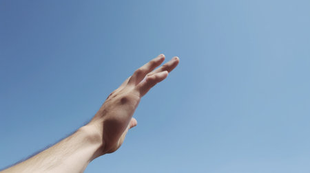 Generative AI : Open man hand on blue sky backgroundの素材